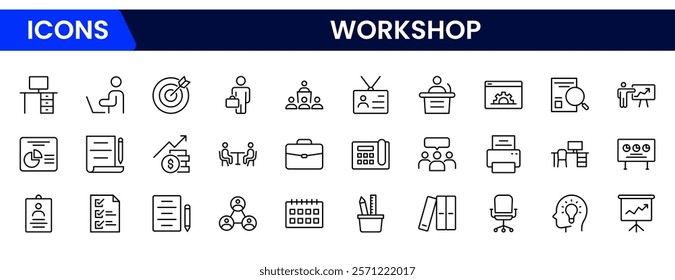 Workshop set of web icons in line style. Business Workshop icons for web and mobile app. Containing team building, teamwork, coaching, meeting, managing, coaching, motivation and more