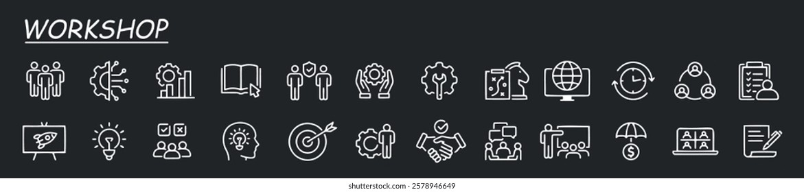 Workshop set of web icons in line style. Business Workshop icons for web and mobile app. Containing team building, teamwork, coaching, meeting, managing, coaching, motivation and more. Grey background