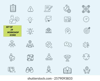 Workshop set of web icons in line style. Business Workshop icons for web and mobile app. Containing team building, teamwork, coaching, meeting, managing, coaching, motivation and more
