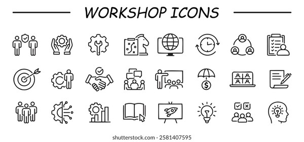 Workshop set of web icons in line style. Business Workshop icons for web and mobile app. Containing team building, teamwork, coaching, meeting, managing, coaching, motivation and more