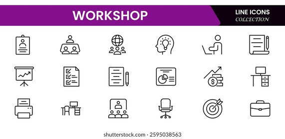 Workshop set of web icons in line style. Business Workshop icons for web and mobile app. Containing team building, teamwork, coaching, meeting, managing, coaching, motivation and more