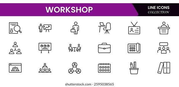 Workshop set of web icons in line style. Business Workshop icons for web and mobile app. Containing team building, teamwork, coaching, meeting, managing, coaching, motivation and more