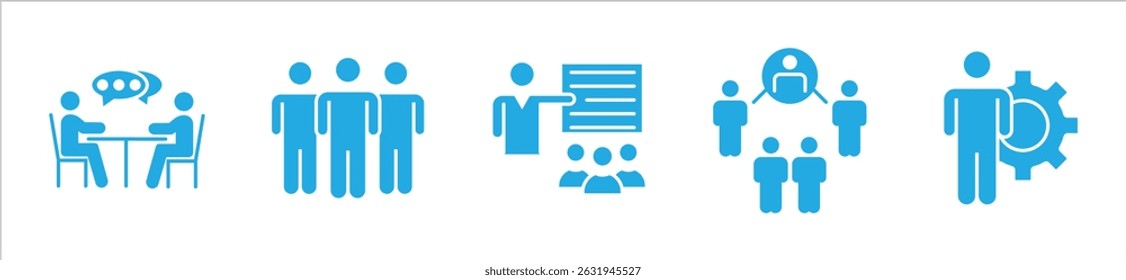 Conjunto de workshops de ícones da Web em estilo de linha. Ícones de Workshop de Negócios para aplicativos móveis e da Web. Contendo a construção de equipe, trabalho em equipe, treinamento, reunião, gerenciamento, treinamento, motivação e muito mais