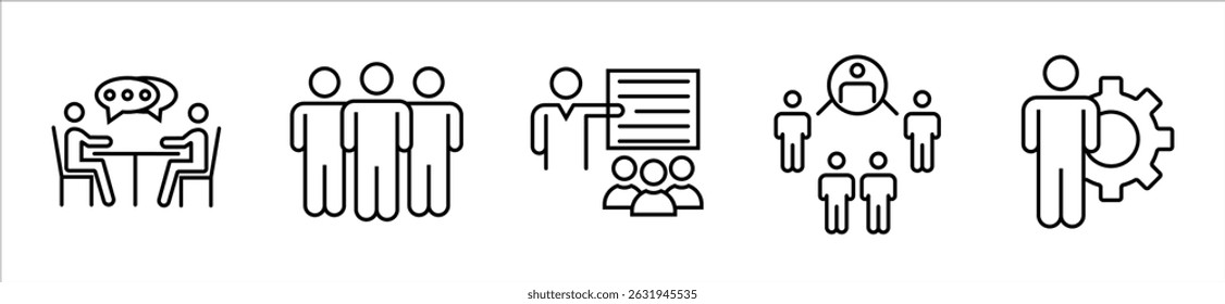 Workshop set of web icons in line style. Business Workshop icons for web and mobile app. Containing team building, teamwork, coaching, meeting, managing, coaching, motivation and more