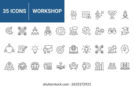 Conjunto de workshops de ícones da Web em estilo de linha. Ícones de Workshop de Negócios para aplicativos móveis e da Web. Contendo a construção da equipe, trabalho em equipe, treinamento, reunião, gerenciamento, treinamento, motivação. ilustração vetorial