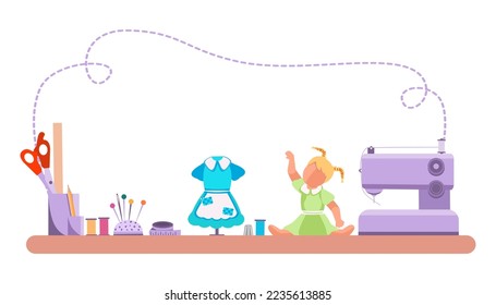 Workshop for sewing and repairing clothes. Illustration. Work. Fashion and textiles. Children's games. Hobbies. Set of objects, sewing machine, toy, mannequin, needle, thread, sewing supplies