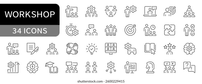 Workshop simple line icons set. Training, workshop, coaching, presentation editable stroke icon vector