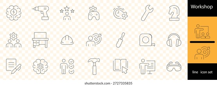 Workshop einfache Linie Icons gesetzt. Training, Workshop, Coaching, Präsentation editierbarer Strichsymbol