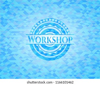 Workshop sky blue emblem with triangle mosaic background