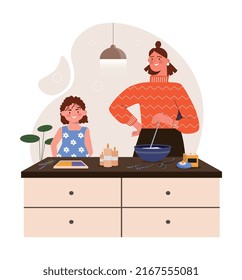 Workshop soap concept. Mother om helps her daughter to do interesting thing. Development of creativity in children, aromatherapy. Comfort and coziness in apartment. Cartoon flat vector illustration