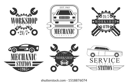 Workshop Station Premium Retro Labels Set, Mechanic Service Monochrome Badges Vector Illustration
