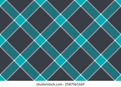 Workshop tartan vector check, black texture fabric background. Artistic textile pattern seamless plaid in dark and cyan colors palette.