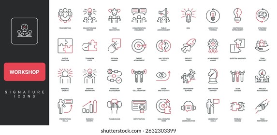 Workshop, team building and problem presentation, brainstorm, gamification line icon set. Problem solving, workflow and project management, strategy to growth thin black and red vector illustration