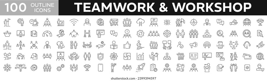 Workshop and Teamwork thin line icons set. Editable stroke for web and mobile Teamwork, Community, People, Business, Cooperation, Partnership Teamwork, Organization, Leadership and Human Resources.