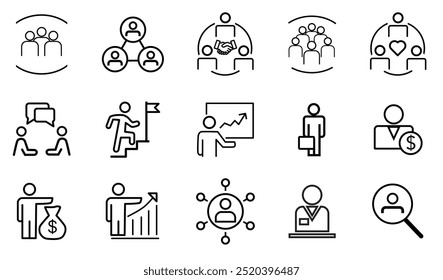 Conjunto de iconos de línea delgada de taller y trabajo en equipo. Iconos de trabajo en equipo, cooperación, asociación. Ilustración vectorial. La importancia de cada empleado.