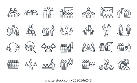 Conjunto de ícones de linha fina para Workshop e Trabalho em Equipe. Ícones de trabalho em equipe, cooperação, parceria. Ilustração vetorial. Interação, interligação e comunicação dos trabalhadores nas empresas.
