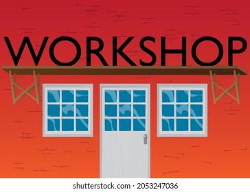 Workshop text with front door background. Bar, Cafe or drink establishment front with poster.