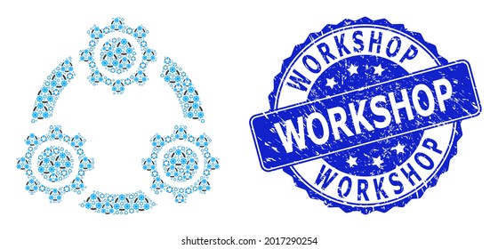 Workshop textured round stamp seal and vector fractal collage gear planetary transmission. Blue seal includes Workshop tag inside round shape.