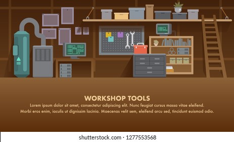 Workshop Tools Flat Banner. Wall Home Interior. Machine Service and Equipment Illustration. Handyman Workshop Interior with Workbench, Electric Grinder. Shelves with Measure, Spanner, Screwdriver.