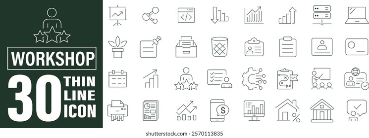 Workshop Tools Icon Set in Line Style. Includes Repair and Maintenance Linear Icons. Contains Wrench, Hammer, Drill, Saw, Screwdriver, Toolbox, Safety Gear, Measuring Tools, and More. Editable Stroke