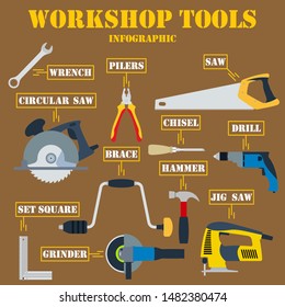 Workshop Tools Infographics. Full Color Design. Vector Illustration.