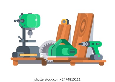 Workshop Tools and Materials. Vector illustration of woodworking equipment, including a drill press, circular saw, hand drill, and wooden boards, typically found in a carpenter workshop.