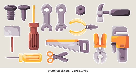 Workshop tools mechanic hardware handy maintenance object set collection drawing illustration sticker doodle cartoon style