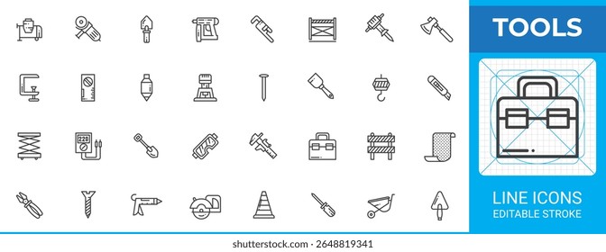Workshop tools outline icon pack. Line vector set with shovel, mixer, axe, clamp, gauge, saw, hook, utility knife, drill, toolbox. Perfect symbol collection for engineering and labor work.
