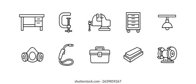 Workshop tools outline icon set. essential diy, crafting, and repair icons collection
