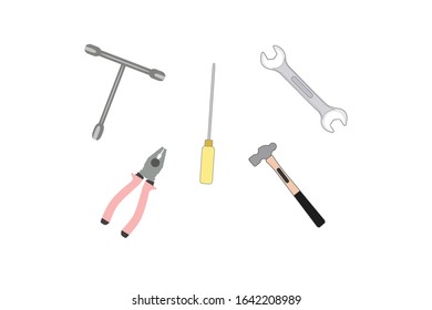 workshop tools, pliers, hammer, screwdriver, wrench