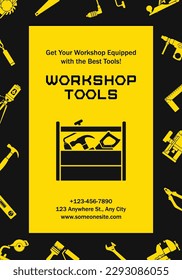 Workshop tools poster on yellow and black background. Suitable for use with card, poster, sales, ads. Vector Illustration.