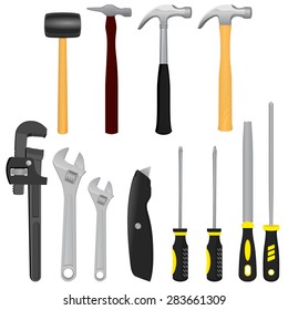 --- Workshop Tools ---
A realistic vector illustration of 12 tools including Hammers, Adjustable Wrenches, a Box Knife, 2 Screwdrivers and 2 Filing Tools.

*Clipping Masks are in use on some items

