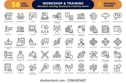 Workshop and training icon set. Thin line editable stroke icons for education, learning, business skills, creativity, coaching, mentoring, teamwork, and professional development