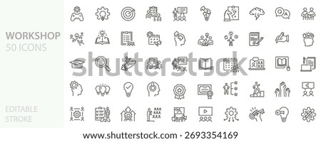 Workshop and training icons set. Thin line editable stroke vector symbols for education, teamwork, brainstorming, learning, and innovation.