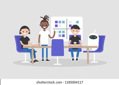 Capacitación en talleres. Oficina moderna. Generarios trabajando. Aprendizaje automático.Nuevas tecnologías. Humano y robot. Discutiendo la estrategia de la empresa.Reunión de negocios