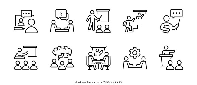 workshop training online course conference icon set human resource seminar coaching skill education outline vector teamwork development symbol illustration for web and app