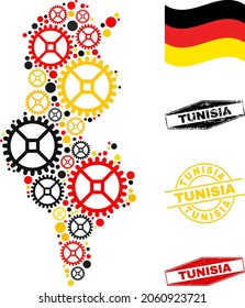Workshop Tunisia map collage and stamps. Vector collage is formed with repair service items in variable sizes, and German flag official colors - red, yellow, black.