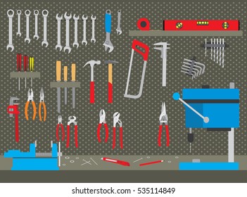 Workshop with various tools. Set of tools in workshop. Repair and construction tools collection. Do it yourself project. Vector illustration