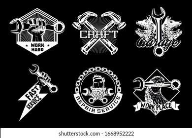 Workshop vector emblem. Retro style garage icons. Vintage signs collection. Black and white illustration set. Craft style print.