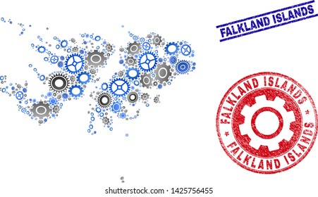 Workshop vector Falkland Islands map mosaic and stamps. Abstract Falkland Islands map is designed of gradient scattered cogwheels. Engineering territory scheme in gray and blue colors,
