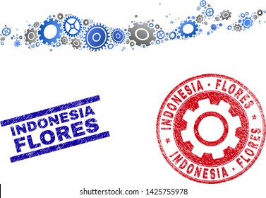Workshop vector Flores Islands of Indonesia map collage and seals. Abstract Flores Islands of Indonesia map is done from gradient scattered gears. Engineering territory plan in gray and blue colors,