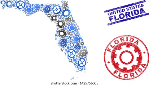 Workshop vector Florida State map composition and seals. Abstract Florida State map is organized of gradient scattered cogs. Engineering geographic plan in gray and blue colors,