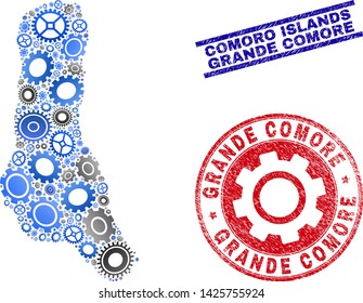 Workshop vector Grande Comore Island map collage and seals. Abstract Grande Comore Island map is done from gradient scattered cogwheels. Engineering geographic plan in gray and blue colors,