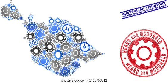 Workshop vector Heard and McDonald Islands map collage and seals. Abstract Heard and McDonald Islands map is done with gradiented scattered gearwheels.