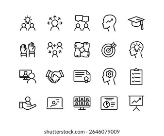 Workshop Vector Icon Set | Adjustable Line Weight | Training, teamwork, collaboration, knowledge, skills, ideas, learning, coaching, chart, growth, presentation, goal, support, development icons
