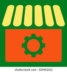 Workshop vector icon. Style is bicolor flat symbol, orange and yellow colors, rounded angles, green background.