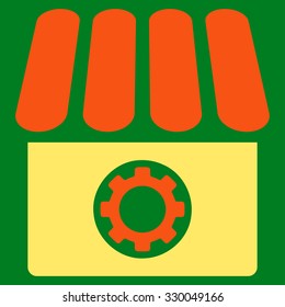 Workshop vector icon. Style is bicolor flat symbol, orange and yellow colors, rounded angles, green background.