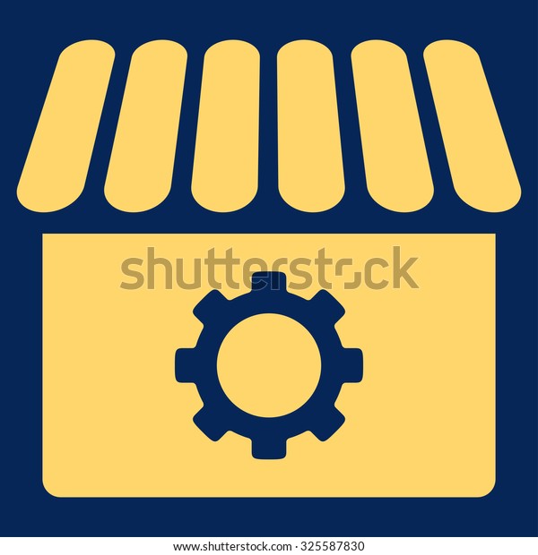 Workshop vector icon. Style is flat\
symbol, yellow color, rounded angles, blue\
background.