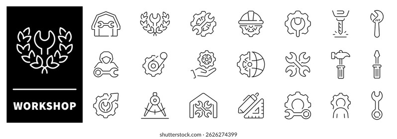 Workshop vector icons. Workshop thin line icons collection. Team building, collaboration, teamwork, coaching, problem-solving and education icons.