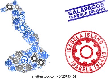 Workshop vector Isabela Island of Galapagos map collage and seals. Abstract Isabela Island of Galapagos map is constructed with gradiented random gears.